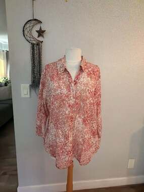 JM Collection Women's Button-Up Long Sleeve Blouse 14 Peach Watercolor Floral